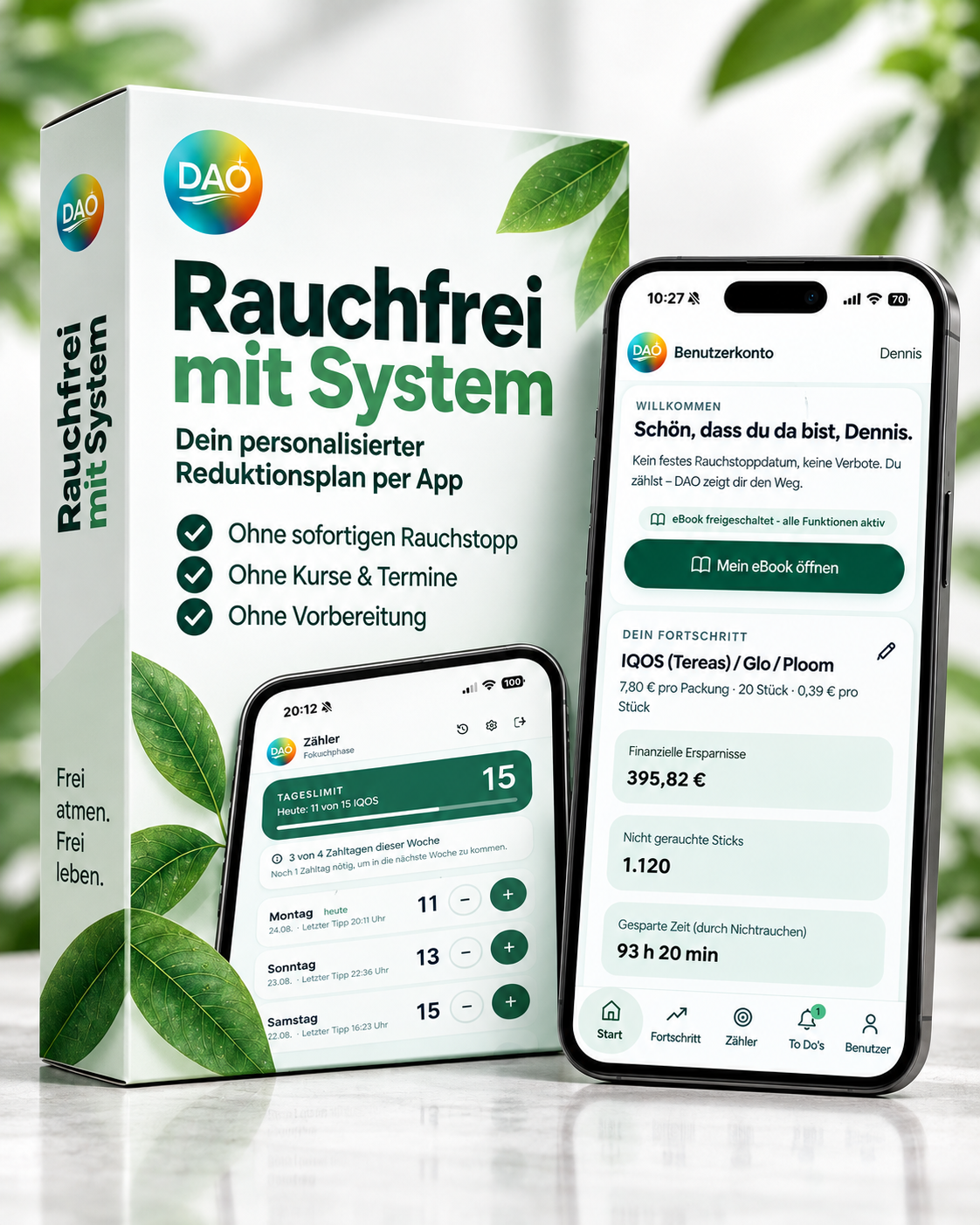 Rauchfrei mit System – eBook und DAO-App auf zwei Smartphones